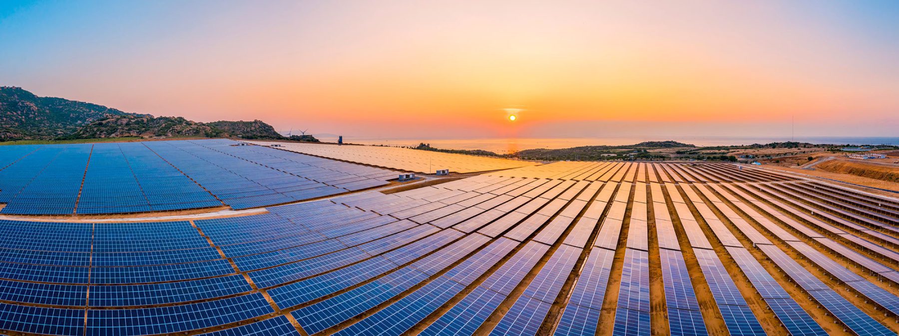 A solar farm at sunset