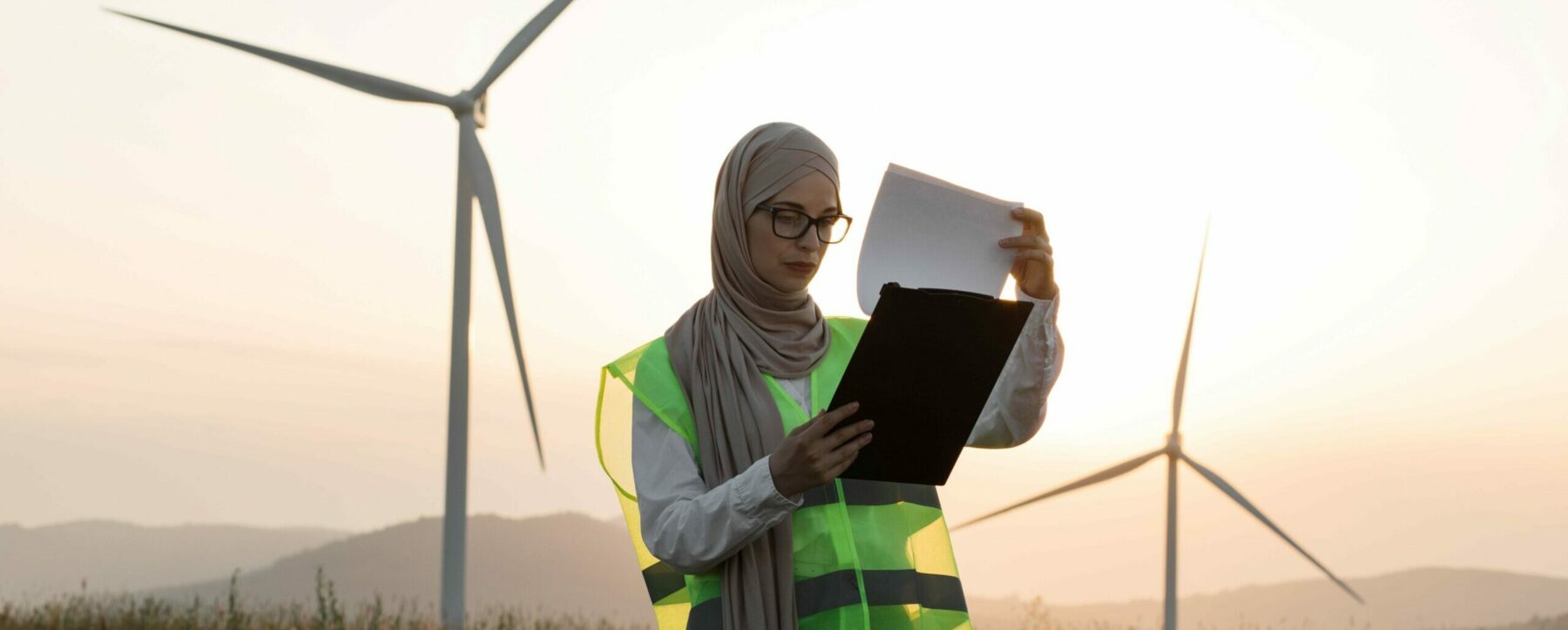 Woman reviewing clipboard in front of wind turbines